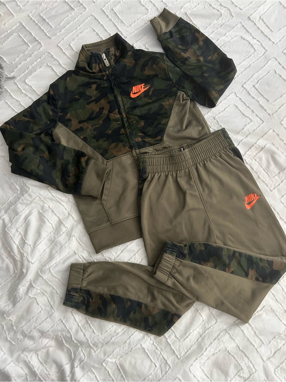 Nike Kids Olive Camo Jogger Set with Orange Logo